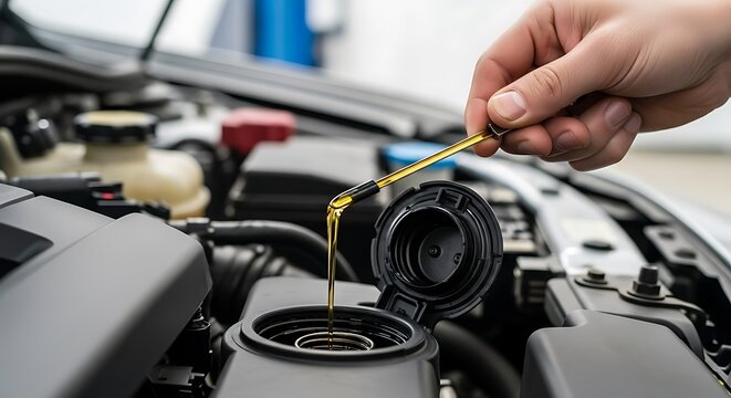 Adding Golden Oil to Car Engine Close Up View hand