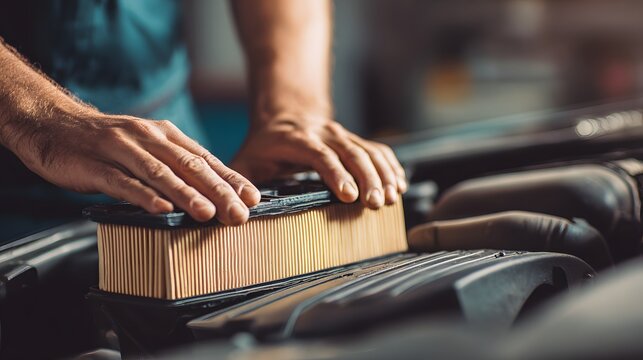 Mechanic installs rectangular filter element into an engine compartment during routine maintenance