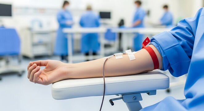 Arm with I V Drip in Hospital Room with Medical Staff in Blue Scrubs - Powered by Adobe