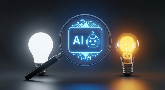 Artificial Intelligence Concept with Glowing Light Bulbs and Magnifying Glass