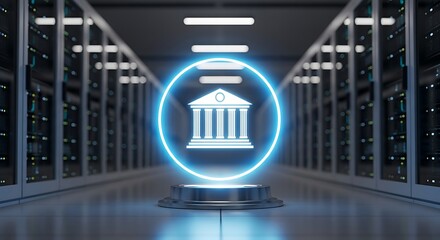 Bank Icon in Neon Circle in Server Room Data Center Environment