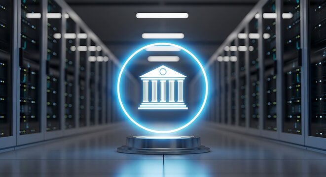 Bank Icon in Neon Circle in Server Room Data Center Environment