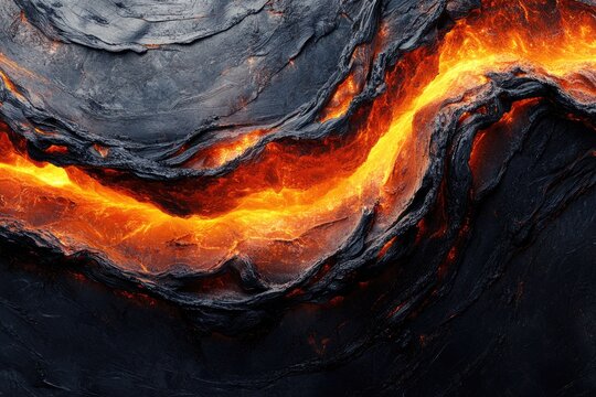 A mesmerizing high-contrast image showcasing vibrant molten lava flowing through dark, rugged, and textured volcanic rock formations, highlighting Earth's raw geological power and fiery intensity.