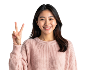 Smiling Asian woman showing peace sign isolated on white background, transparent PNG