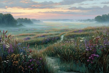 Colorful Meadow At Sunrise With Misty Path