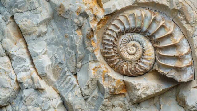 Fossilized ammonite shell embedded in textured rock wall