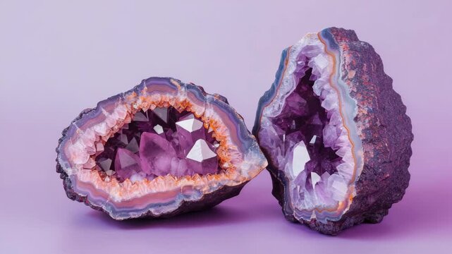 Two amethyst geodes with bright purple crystals on background