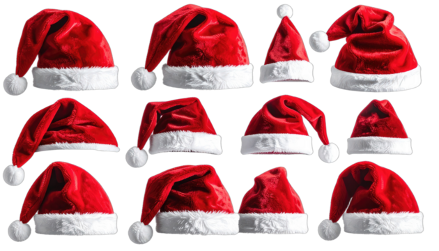 A collection of red Santa hats with white trim are displayed against a black background.