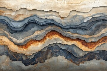 Abstract layered stone art with undulating geological strata. Earthy tones of blue-grey, rusty orange, and beige create a textured, natural pattern.