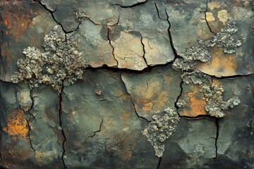 A weathered, cracked surface adorned with intricate patches of grey-green lichen. Earthy tones and detailed textures depict natural decay and organic resilience.