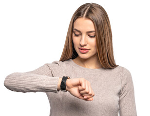 Woman looking at her smartwatch isolated on white background, transparent PNG