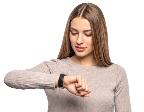 Woman looking at her smartwatch isolated on white background, transparent PNG