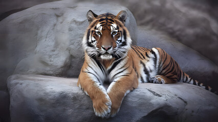Majestic bengal tiger resting on rocks with intense gaze and striking orange and black stripes