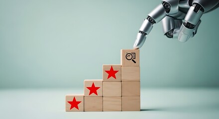 Robotic hand pointing at the top step of a wooden block staircase with star rating and magnifying glass icon