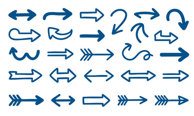 Set of Hand-Drawn Blue Arrows and Doodles, Hand-Drawn Arrow Icons and Pointers, Vector Set of Doodle Arrows in Blue, illustration, vector.