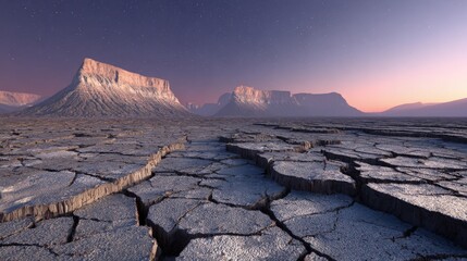 Dried Cracked Earth Landscape At Sunset With Mountains