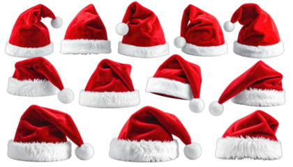 A collection of Santa hats in various positions against a black background.