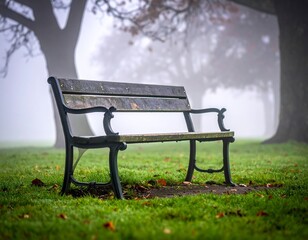 A solitary park bench shrouded in mist, with autumn leaves