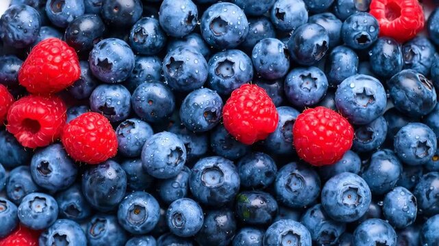 Fresh blueberries and raspberries with close up.