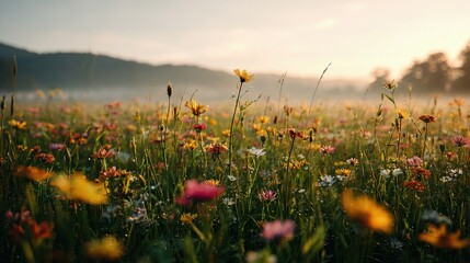 Colorful Meadow Flowers At Sunrise With Dew Drops