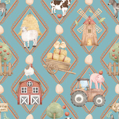 Little Farm Animals Seamless Pattern with Barn, Tractor, Trees, Chicks, Cows, Pigs, Sheep, Donkey, Boots, Windmill, and Farm Elements for Kids Products and Nursery Designs
