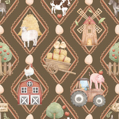 Little Farm Animals Seamless Pattern with Barn, Tractor, Trees, Chicks, Cows, Pigs, Sheep, Donkey, Boots, Windmill, and Farm Elements for Kids Products and Nursery Designs
