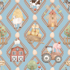 Little Farm Animals Seamless Pattern with Barn, Tractor, Trees, Chicks, Cows, Pigs, Sheep, Donkey, Boots, Windmill, and Farm Elements for Kids Products and Nursery Designs
