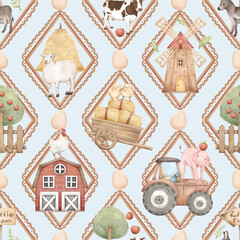 Little Farm Animals Seamless Pattern with Barn, Tractor, Trees, Chicks, Cows, Pigs, Sheep, Donkey, Boots, Windmill, and Farm Elements for Kids Products and Nursery Designs
