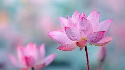 Fototapeta premium Vibrant pink lotus bloom stands tall with soft focus background elements