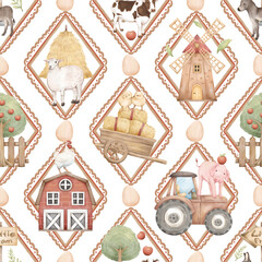 Little Farm Animals Seamless Pattern with Barn, Tractor, Trees, Chicks, Cows, Pigs, Sheep, Donkey, Boots, Windmill, and Farm Elements for Kids Products and Nursery Designs
