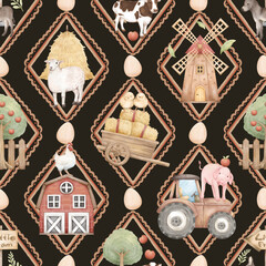 Little Farm Animals Seamless Pattern with Barn, Tractor, Trees, Chicks, Cows, Pigs, Sheep, Donkey, Boots, Windmill, and Farm Elements for Kids Products and Nursery Designs
