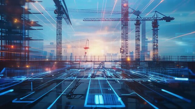 建設現場に青いデジタル光が重なる未来的なテクノロジー動画