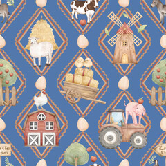 Little Farm Animals Seamless Pattern with Barn, Tractor, Trees, Chicks, Cows, Pigs, Sheep, Donkey, Boots, Windmill, and Farm Elements for Kids Products and Nursery Designs
