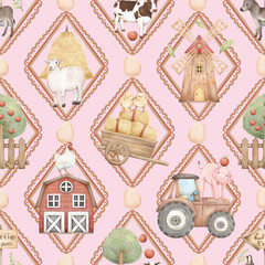 Little Farm Animals Seamless Pattern with Barn, Tractor, Trees, Chicks, Cows, Pigs, Sheep, Donkey, Boots, Windmill, and Farm Elements for Kids Products and Nursery Designs
