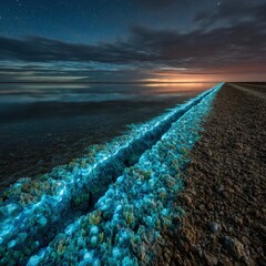 Glowing Pathway On Coastal Beach At Night