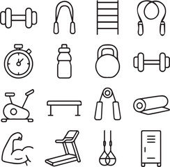 Outline Icon Set of Fitness, Workout, and Gym Equipment.