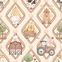 Little Farm Animals Seamless Pattern with Barn, Tractor, Trees, Chicks, Cows, Pigs, Sheep, Donkey, Boots, Windmill, and Farm Elements for Kids Products and Nursery Designs
