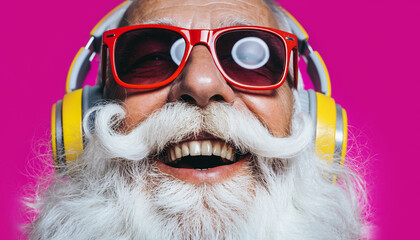 Close-up of a Joyful Santa Claus in Red Sunglasses and Yellow Headphones