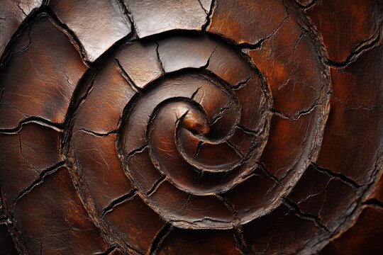 A detailed close-up of a dark brown, spiral-patterned surface with deep cracks, resembling aged leather, ancient wood, or a fossilized shell, showcasing rich texture.