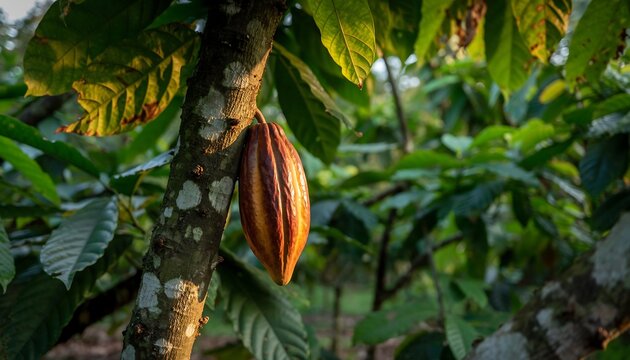 Cocoa pod hanging on a tree trunk surrounded by green leaves, lit by soft natural sunlight, showing a fresh and organic tropical look.