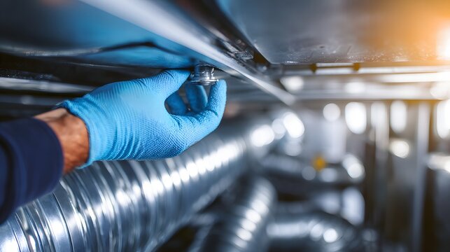 Technician wearing protective gloves adjusts metallic component within industrial ductwork system