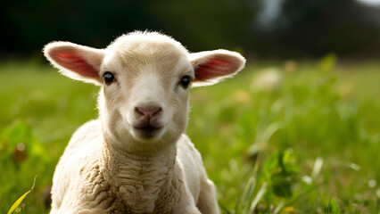 Adorable young lamb with soft wool and curious eyes looking directly at the camera in a sunlit green meadow