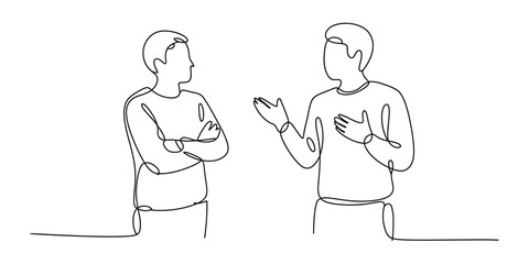 Simple continuous line drawing of two men engaged in dialogue