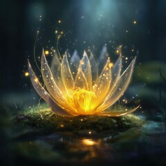 Glowing Golden Lotus Flower In Dark Water