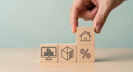 Hand placing wooden block with house icon on stack representing real estate investment, property, and mortgage concept