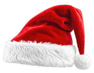A classic red Santa hat with white fur trim and a pom-pom sits against a black background.