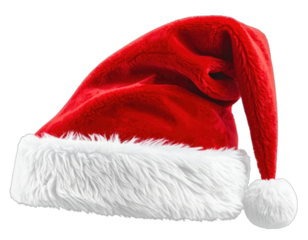 A classic red Santa hat with white fur trim and a pom-pom sits against a black background.