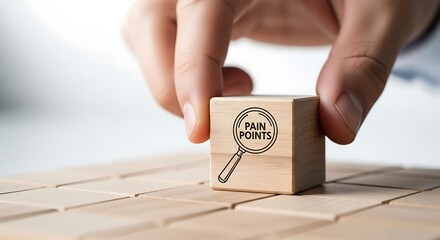Hand placing wooden block with magnifying glass over text pain points concept on table for business problem solving