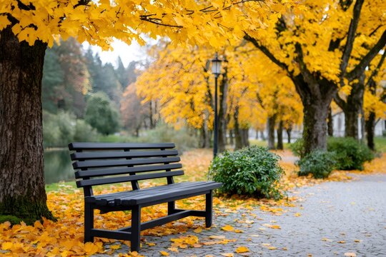 Park bench in autumn with falling yellow maple leaves