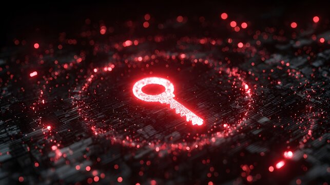 Illuminated digital key symbol glows intensely over a dark circuit board texture
